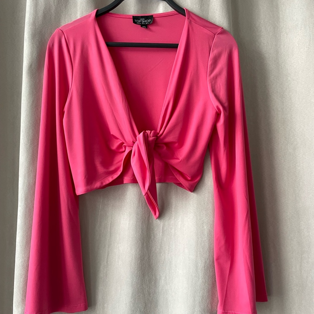 Topshop Pink Long Sleeve Tie Front Crop Top